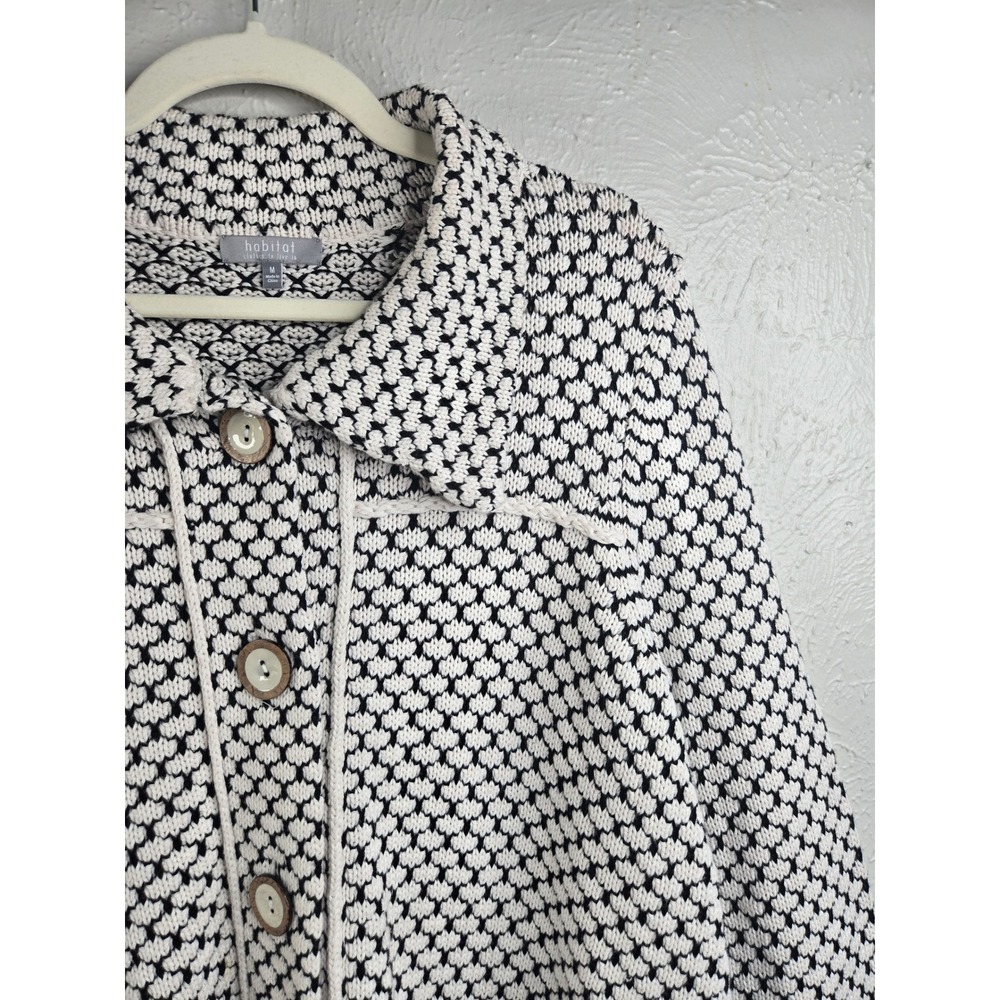 Habitat Crochet Button Front Knit Cardigan Sweater M White Black Cottage Artsy - Picture 11 of 12